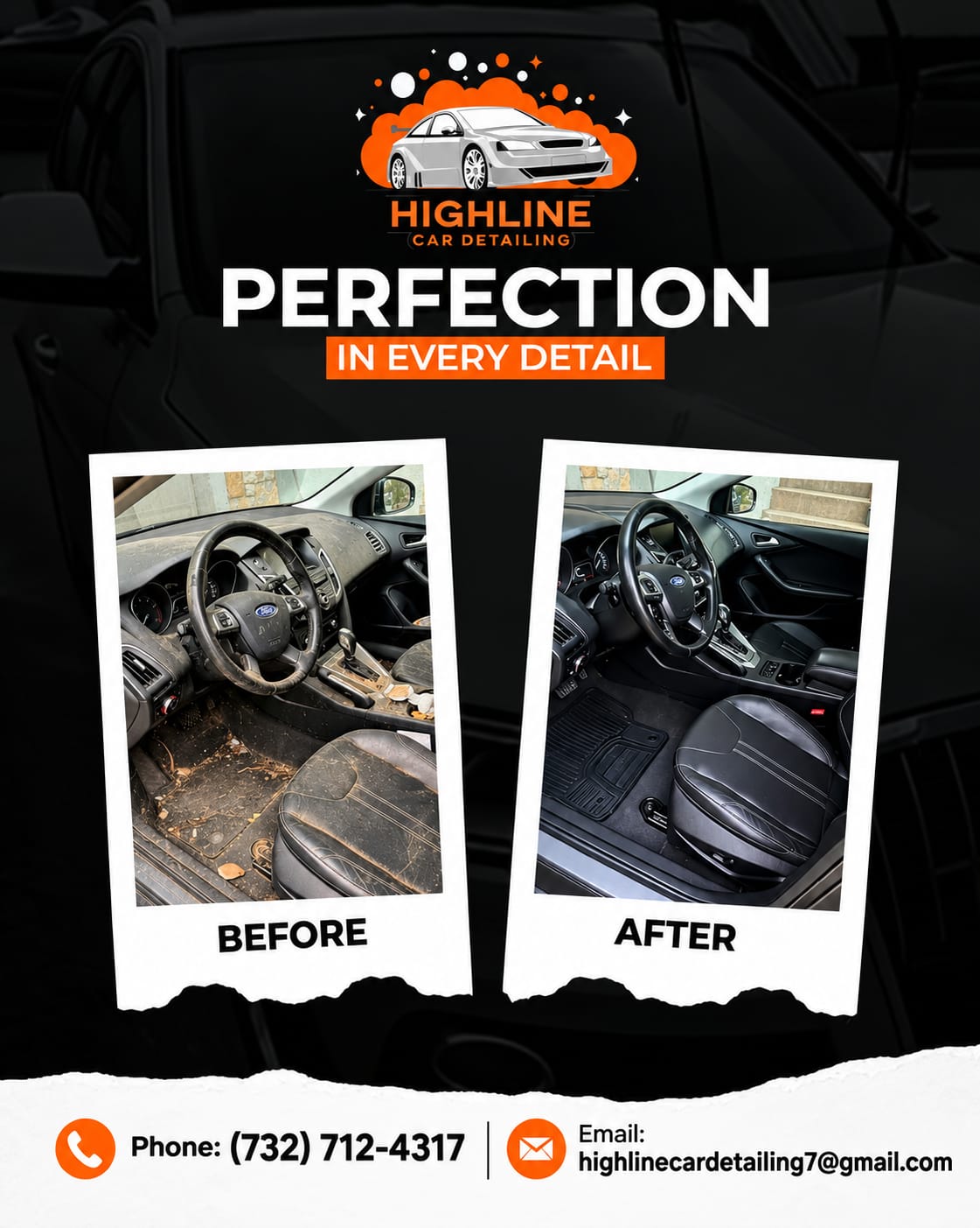 Before and after comparison of a vehicle interior detailed by Highline Car Detailing